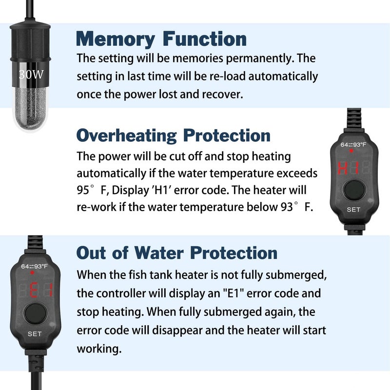 YOFOTHS Store Adjustable Mini Aquarium Heater 0.5/1/2/3 Gallon Submersible Small Fish Tank Heater 10W/20W/30W Digital Display Thermostat External Temperature Controller(30W) - Image 4